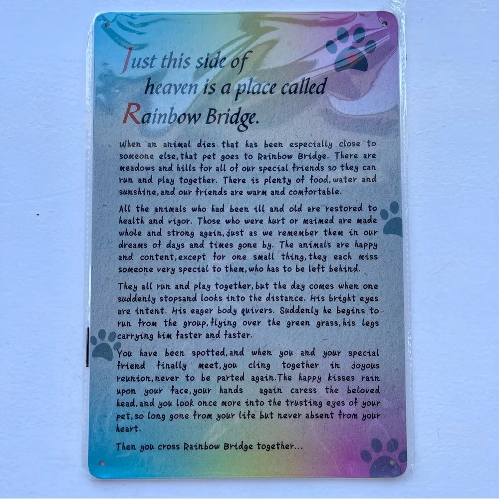 Rainbow colored metal tin sign with “Rainbow Bridge” poem for pet loss sympathy
